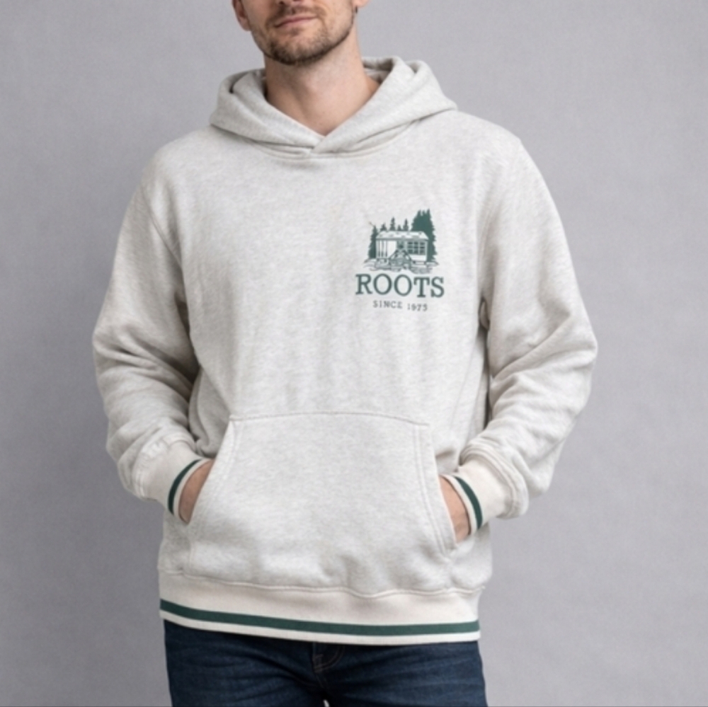 Roots Men’s XXL Cream Hoodie Green Accents Organic Cotton Pullover